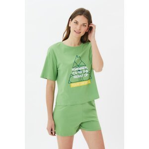 Trendyol Green Slogan Knitted Pajamas Set