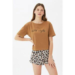 Trendyol Brown Slogan Knitted Pajamas Set