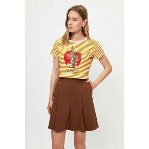 Trendyol Mustard Printed Crop Knitted T-Shirt