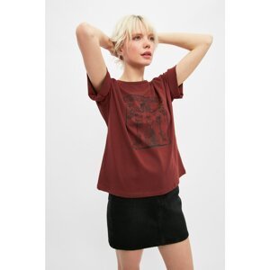 Trendyol Light Brown Printed Loose Pattern Knitted T-Shirt