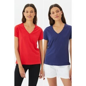 Trendyol Navy-Red 100% Cotton Single Jersey V Neck 2 Pack Knitted T-Shirt