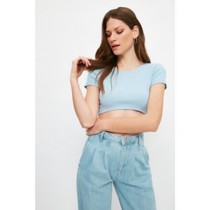 Trendyol Light Blue Front Oval Crop Ribbed Knitted Blouse