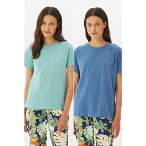 Trendyol Indigo-Mint 100% Cotton Single Jersey Crew Neck 2-Pack Knitted T-Shirt