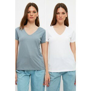 Trendyol White-Grey Melange Single Jersey V-Neck 2-Pack Knitted T-Shirt
