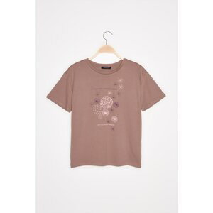 Trendyol Mink Leaf Printed Semifitted Knitted T-Shirt