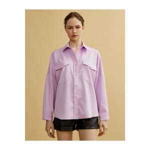Koton Women's Purple Pocket Long Sleeve Snap Button Shirt