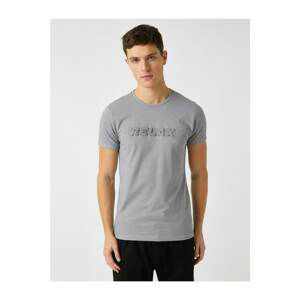 Koton Men's Gray Embossed Letter Short Sleeve Cotton T-Shirt