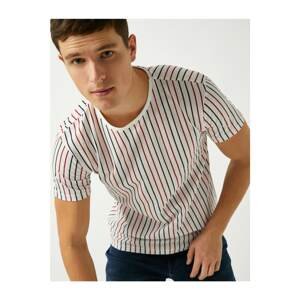 Koton Men's White Striped Short Sleeve Cotton T-Shirt