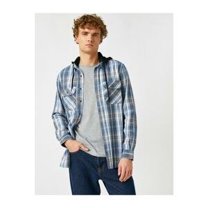 Koton Men's Blue Plaid Classic Collar Long Sleeved Pocket Shirt
