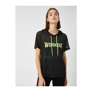 Koton Women's Black Hooded Short Sleeve Text Printed T-Shirt