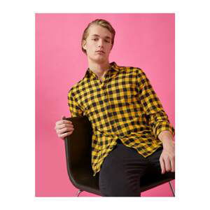 Koton Men's Yellow Checked Long Sleeve Classic Collar Shirt