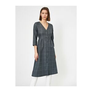 Koton V-Neck Button Detailed Plaid Midi Dress