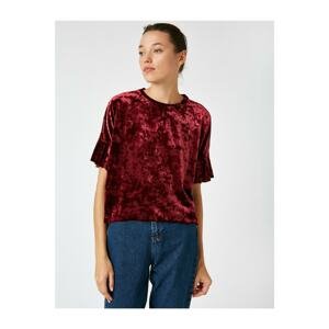 Koton Women's Burgundy Short Sleeve Velvet T-Shirt