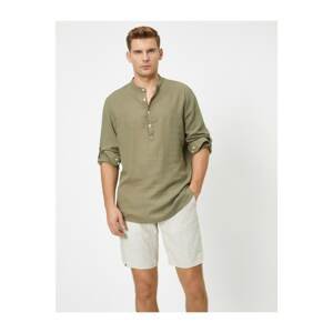 Koton Men's Green Cotton Mandarin Collar Flannel Shirt