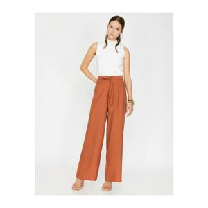 Koton Women's Brown Normal Waist Casual Fit Tie Waist Trousers