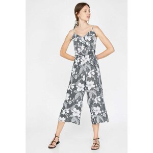 Koton Women's Black Strap Ruffle Detailed Patterned Jumpsuit