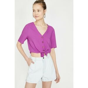 Koton Women's Purple V-Neck Short Sleeve Button Detailed Blouse
