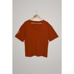 Trendyol Cinnamon Embroidery Loose Knitted T-Shirt