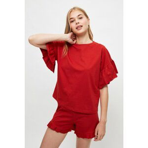 Trendyol Cinnamon Sleeves Frilly Knitted Pajamas Set