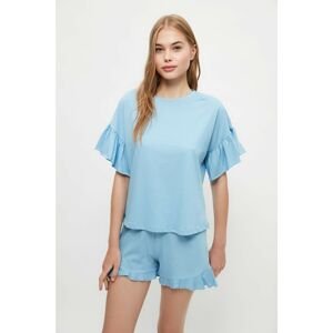 Trendyol Blue Sleeves Frilly Knitted Pajamas Set