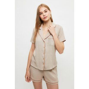 Trendyol Beige Piping Detailed Woven Pajamas Set