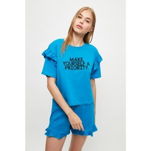 Trendyol Blue Slogan Knitted Pajamas Set