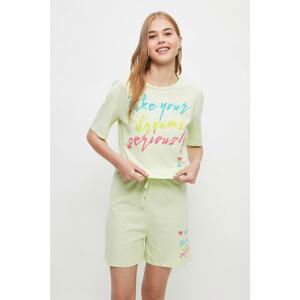 Trendyol Green Slogan Knitted Pajamas Set