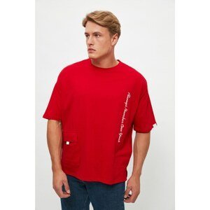 Trendyol Red Men's Oversize Crew Neck Short Sleeve Printed T-Shirt with Pocket