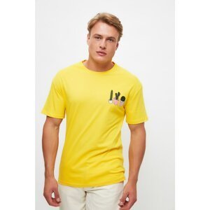 Trendyol Yellow Men's Wide Cut Short Sleeved Cactus Embroidered T-Shirt