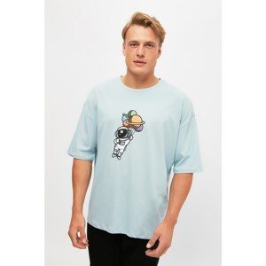 Trendyol Blue Men's Oversize Crew Neck Short Sleeve Printed T-Shirt