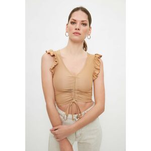 Trendyol Camel Pleated and Ribbed Crop Knitted Blouse