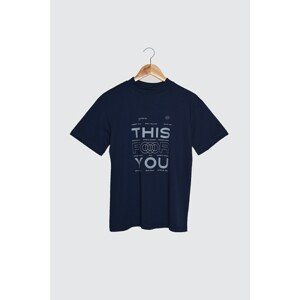 Trendyol Navy Blue Printed Stand Up Collar Basic Knitted T-Shirt