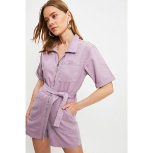 Trendyol Lilac Belt Detailed Zippered Denim Overalls