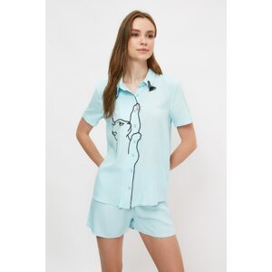 Trendyol Blue Cat Embroidered Woven Pajamas Set