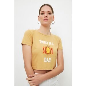 Trendyol Camel Printed Crop Knitted T-Shirt