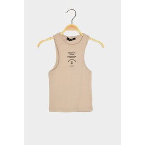 Trendyol Beige Thick Strap Ribbed And Printed Crop Knitted Blouse