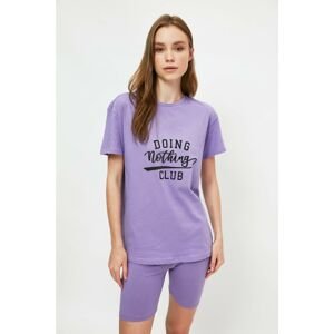 Trendyol Lilac Slogan Knitted Pajamas Set