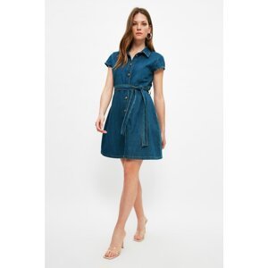 Trendyol Blue Belted Front Buttoned Mini Denim Dress