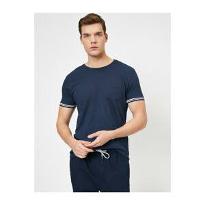 Koton Men's Navy Blue Crew Neck Sleeves Striped Pocket Detailed Slim Fit T-shirt