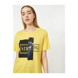 Koton Women's Yellow Sequin Detailed Letter Printed T-Shirt