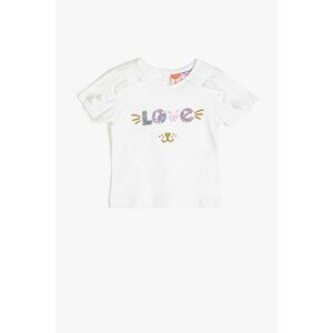 Koton Ecru Crew Neck, Sequin Detailed Short Sleeve T-Shirt