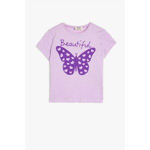 Koton Girl's Short Sleeve Cotton Glittery Printed T-shirt