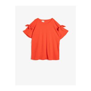 Koton Textured Soft Fabric Sleeve Frilly Tie Crew Neck Short Sleeve T-Shirt