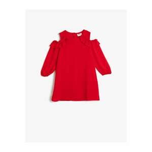 Koton Girl's Red Flowy Fabric Open-Shoulder Ruffled Medium Length Dress