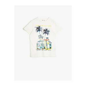 Koton Boy's White Printed Cotton Short Sleeve Crew Neck T-shirt