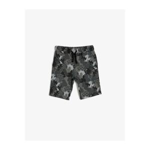 Koton Boy's Gray Camouflage Patterned Thin Sweatshirt Shorts with Ribbed Waist and Cord