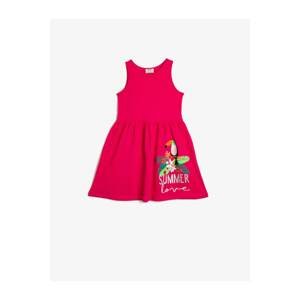 Koton Girl's Pink Printed Crew Neck Sleeveless Waist Fitted Mid-Length Dress