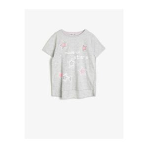 Koton Girl's Gray Cotton Soft Appliqué Printed Crew Neck Short Sleeve T-shirt