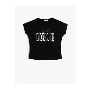 Koton Girl's Black Soft Fabric Shiny Letter Printed Short T-shirt with Crew Neck Sleeve