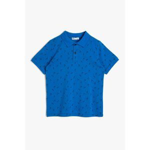 Koton Boy Blue Printed Cotton Buttoned Polo Collar Ribbed Short Sleeved T-shirt